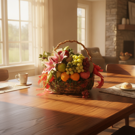 GIFT FLOWERS WITH FRUIT BASKET - 5 Gift Flowers & Fruit Basket | FelicitacionsCelebra amb les nostres impressionants flors de re