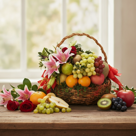 GIFT FLOWERS WITH FRUIT BASKET - 6 Gift Flowers & Fruit Basket | FelicitacionsCelebra amb les nostres impressionants flors de re