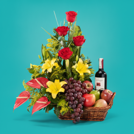 GIFT FLOWERS WITH FRUIT BasKET AND WINE - 2 おめでとうギフト: GIFT FLOWERS WITH FRUIT BasKET AND WINE特別な瞬間を、私たちのGift Flowers, Fruit Bask