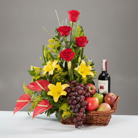 GIFT FLOWERS WITH FRUIT BasKET AND WINE - 3 おめでとうギフト: GIFT FLOWERS WITH FRUIT BasKET AND WINE特別な瞬間を、私たちのGift Flowers, Fruit Bask