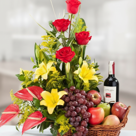 GIFT FLOWERS WITH FRUIT BasKET AND WINE - 4 おめでとうギフト: GIFT FLOWERS WITH FRUIT BasKET AND WINE特別な瞬間を、私たちのGift Flowers, Fruit Bask