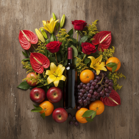 GIFT FLOWERS WITH FRUIT BasKET AND WINE - 5 おめでとうギフト: GIFT FLOWERS WITH FRUIT BasKET AND WINE特別な瞬間を、私たちのGift Flowers, Fruit Bask