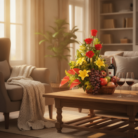 GIFT FLOWERS WITH FRUIT BasKET AND WINE - 6 おめでとうギフト: GIFT FLOWERS WITH FRUIT BasKET AND WINE特別な瞬間を、私たちのGift Flowers, Fruit Bask