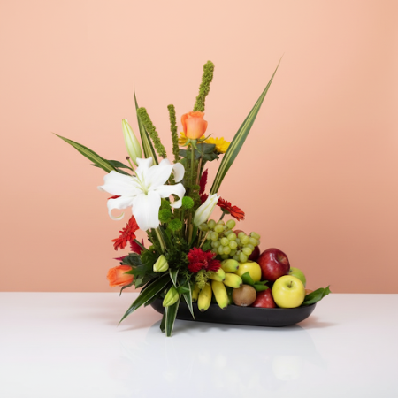 GIFT FLOWERS WITH FRUIT BaSKET set - 2 تهانينا هدية: GIFT FLOWERS WITH FRUIT BaSKET setاحتفل مع مجموعة GIFT FLOWERS WITH FRUIT B