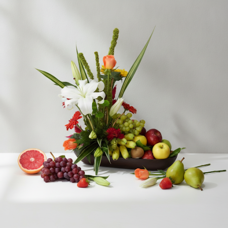 GIFT FLOWERS WITH FRUIT BaSKET set - 5 تهانينا هدية: GIFT FLOWERS WITH FRUIT BaSKET setاحتفل مع مجموعة GIFT FLOWERS WITH FRUIT B