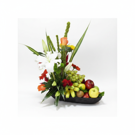 تهانينا هدية: GIFT FLOWERS WITH FRUIT BaSKET set