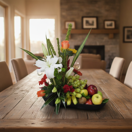 تهانينا هدية: GIFT FLOWERS WITH FRUIT BaSKET set