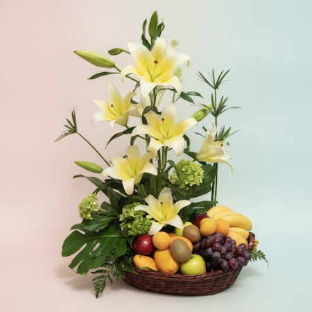 GIFT FLOWERS WITH FRUIT BASKET 02 - 2 هدايا زهور وهدايا فواكه 02 | هدايا شكرأرسل شكرًا من القلب مع باقة هدايا الزهور وسلة الفواك