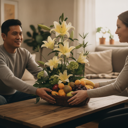 GIFT FLOWERS WITH FRUIT BASKET 02 - 4 هدايا زهور وهدايا فواكه 02 | هدايا شكرأرسل شكرًا من القلب مع باقة هدايا الزهور وسلة الفواك