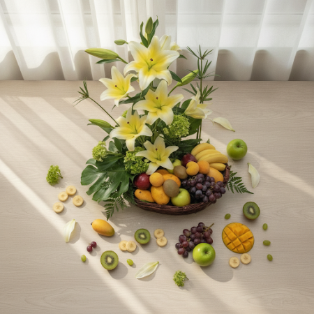 GIFT FLOWERS WITH FRUIT BASKET 02 - 6 هدايا زهور وهدايا فواكه 02 | هدايا شكرأرسل شكرًا من القلب مع باقة هدايا الزهور وسلة الفواك