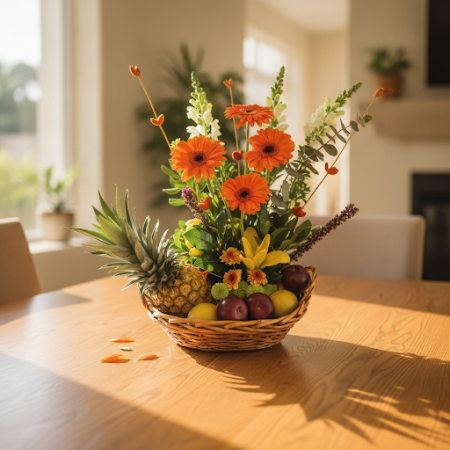GIFT FLOWERS WITH FRUIT BUSKET - 4 Gift Flowers & Fruit Basket | Bedankgeschenken