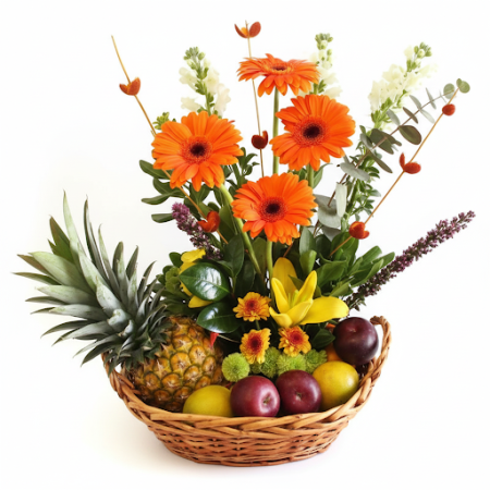 GIFT FLOWERS WITH FRUIT BUSKET - 5 Gift Flowers & Fruit Basket | Bedankgeschenken