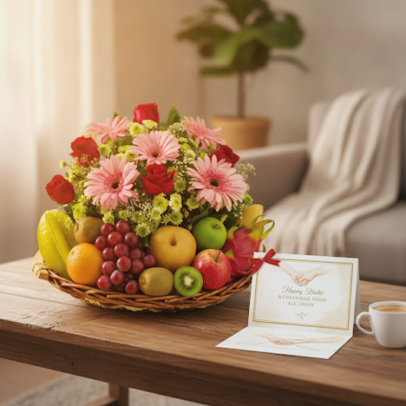 Fruit basket with roses mix flowers - 2 Fruit basket with roses: Dankeschön GeschenkÜberraschen Sie jemanden Besonderen mit unse