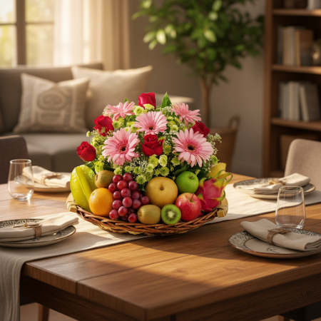 Fruit basket with roses mix flowers - 4 Fruit basket with roses: Dankeschön GeschenkÜberraschen Sie jemanden Besonderen mit unse