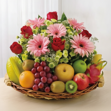 Fruit basket with roses mix flowers - 5 Fruit basket with roses: Dankeschön GeschenkÜberraschen Sie jemanden Besonderen mit unse