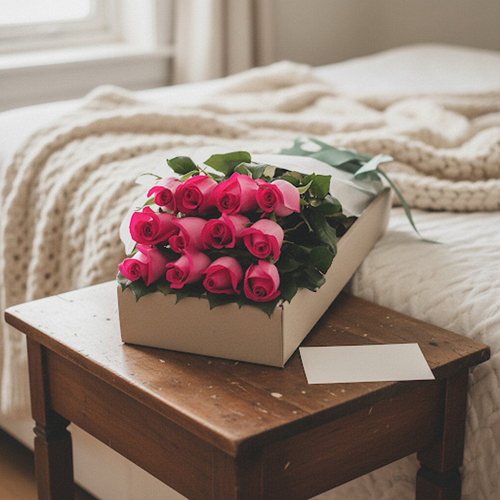 Twelve pink roses in box