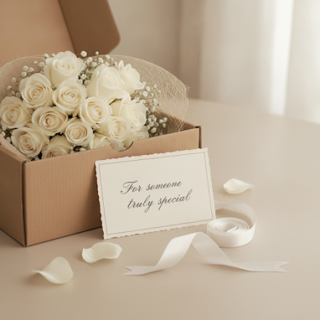 12 WHITE ROSE FLOWER IN BOX - 5 Witte Rozen in Doos | Vers & Elegant