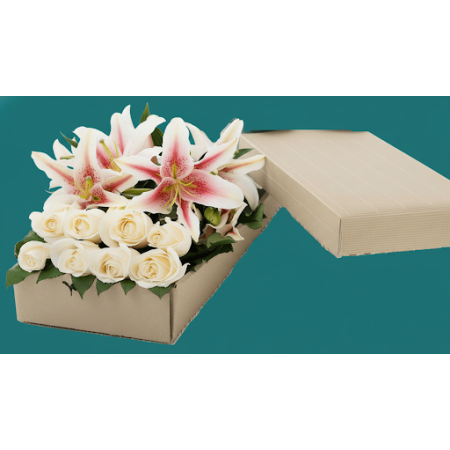 2 Lillies and 8 roses in box - 3 Lillies & Roses in Box | Fresh Flowers | ROSE IN BOX