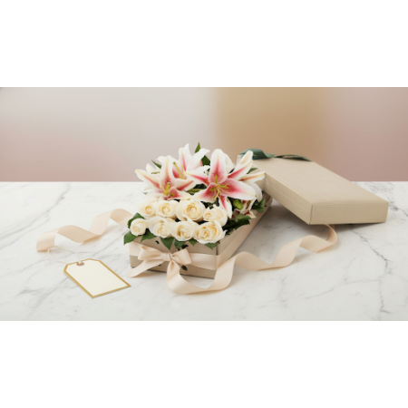 2 Lillies and 8 roses in box - 5 Lillies & Roses in Box | Fresh Flowers | ROSE IN BOX