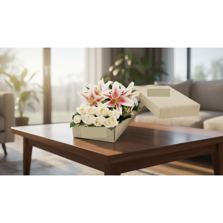 2 Lillies and 8 roses in box - 7 Lillies & Roses in Box | Fresh Flowers | ROSE IN BOX