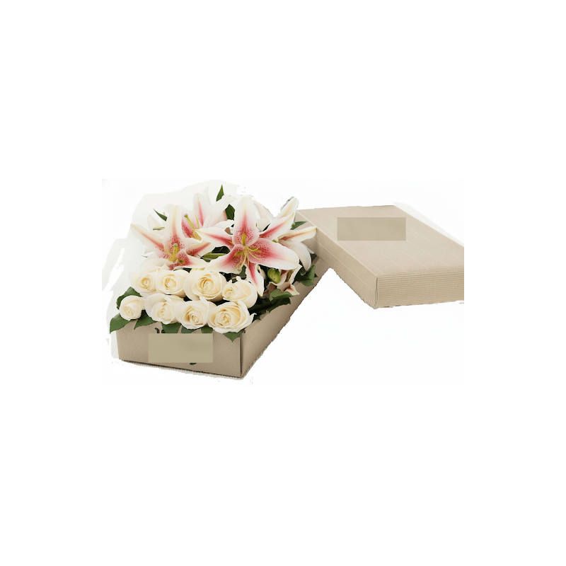 2 Lillies and 8 roses in box - 8 Lillies & Roses in Box | Fresh Flowers | ROSE IN BOX