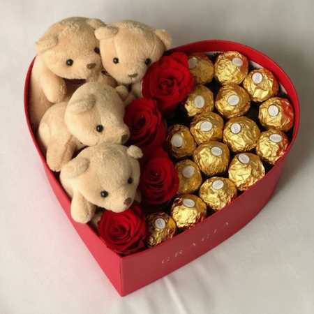 4 Roses Box with Chocolate & Bear | Valentinsgåva