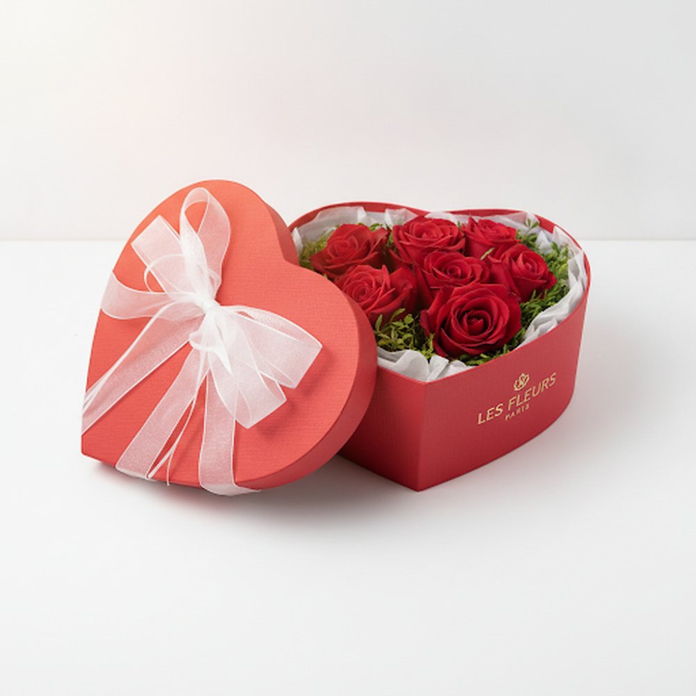 Seven red roses in box