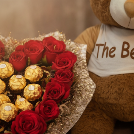 Artificial flowers in box with teddy bear size 30 cm - 5 Fiori artificiali in scatola con orsetto (30 cm)Illumina la giornata di
