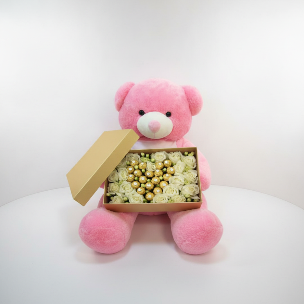 VALENTINE GIFT FLOWERS CHOCOLATE IN BOX WITH TEDDY BEAR
