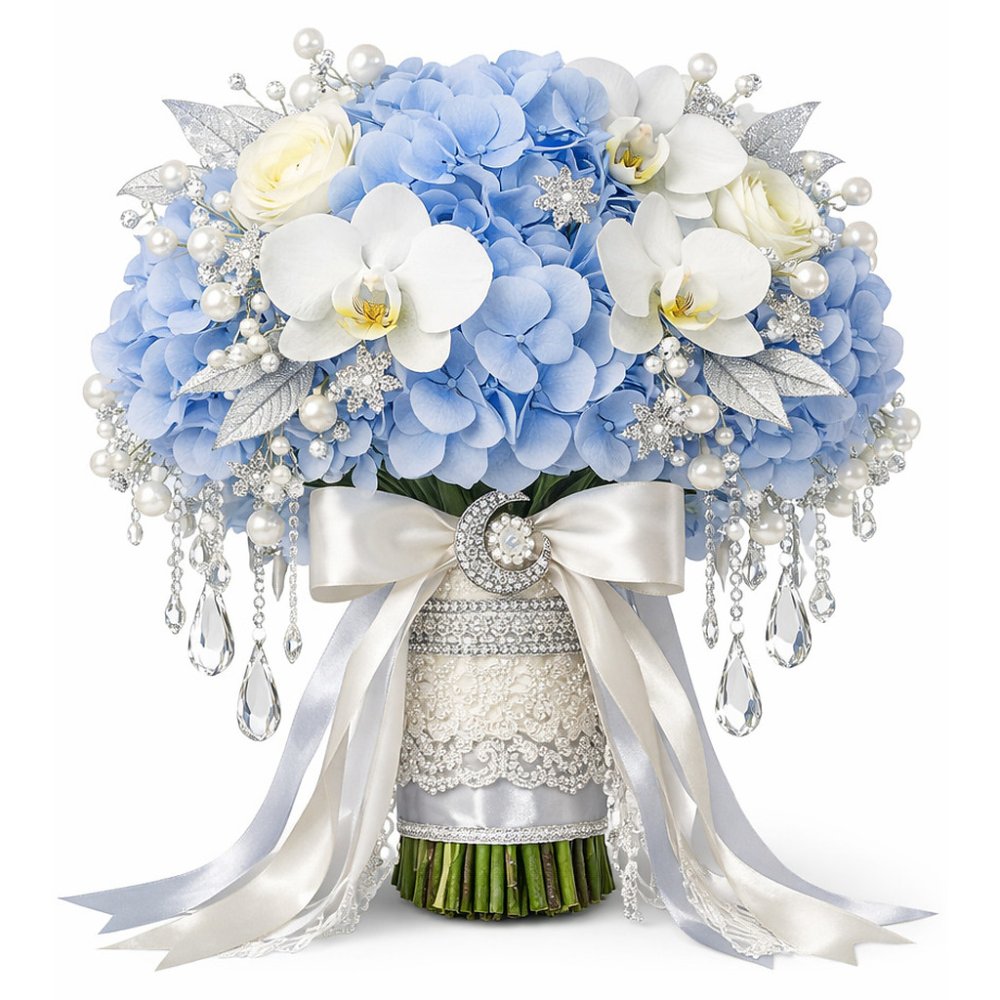 Lussuoso bouquet da sposa con ortensie blu