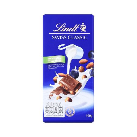 LINDT Chocolate Swiss Milk Chocolate With Raisins & Gently Roasted Nuts 100 g. - 1 