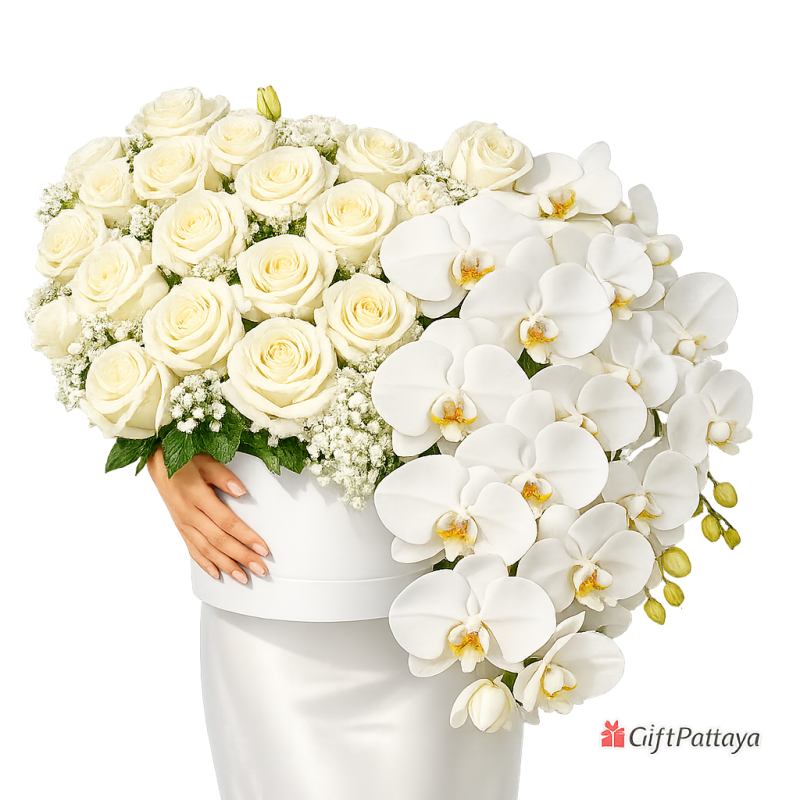 Luxury White Roses & Phalaenopsis Orchid Bouquet – GiftPattaya | Premium Flower Arrangement Pattaya - 1 