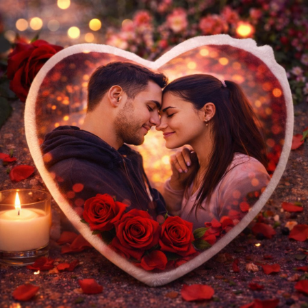 Personalized Heart‑Shaped Pillow with Coupl Red Roses & Candlelight – Romantic Gift by GiftPattaya Personalized Heart‑Shaped Pil