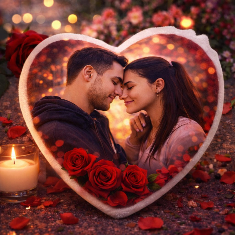Heart pillow with roses, candles