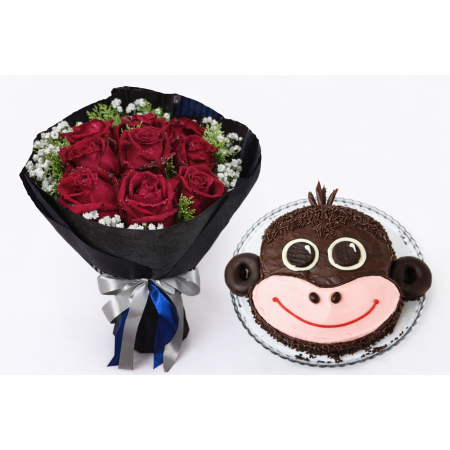 Red Rose Bouquet & Monkey Cake Gift Set – Playful Celebration Combo | GiftPattaya Red Rose & Monkey Cake Gift Set – Fun & Romant