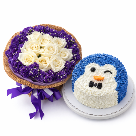 Pastís de pingüí i roses blanques