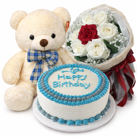 Romantic Trio Gift Set Teddy Bear, Rose Bouquet & Birthday Cake Gift Set | Elegant Celebration Trio
