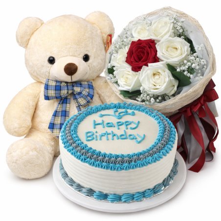 Teddy bear, roses, birthday cake