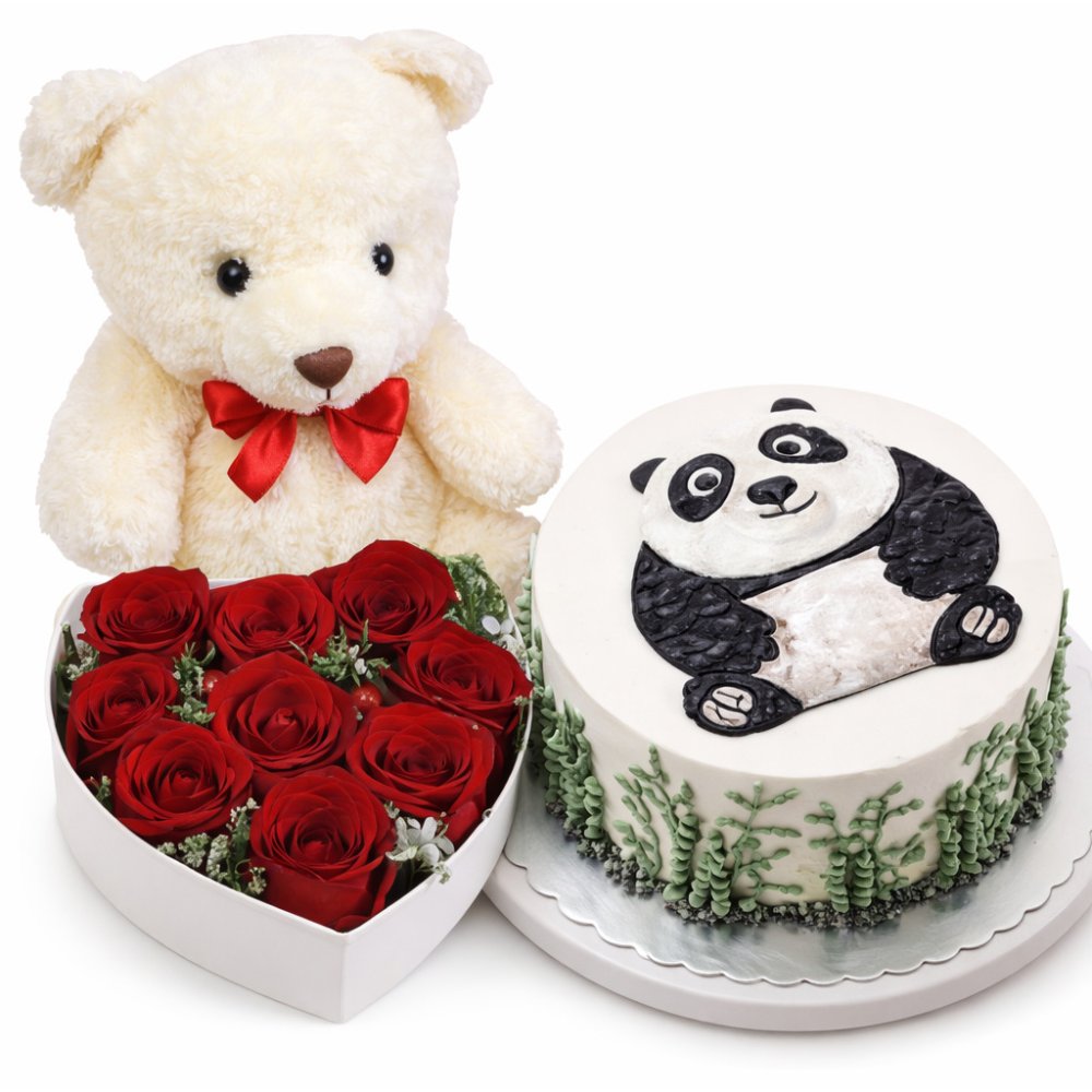 Panda cake, roses, teddy bear