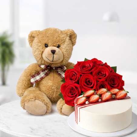 Ours en peluche, roses, gâteau aux fraises