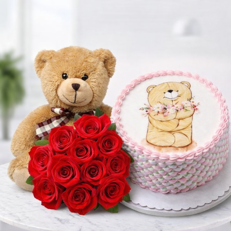 Teddy Bear, Red Roses & Birthday Cake Gift Set|Romantic Celebration TrioTeddy Bear, Red Roses & Birthday Cake Gift Set | Romanti
