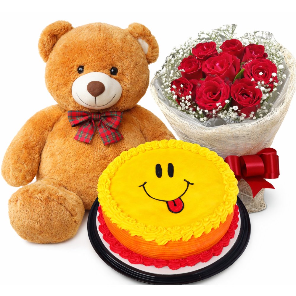 Oso de peluche, rosas rojas, tarta sonriente