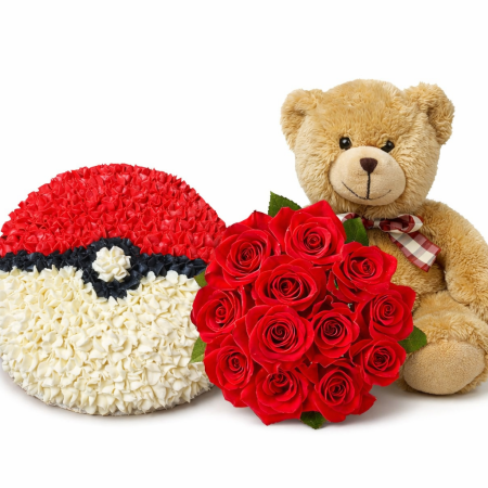 Poké Ball Cake with Teddy Bear and Roses Poké Ball Cake, Teddy Bear & Roses Gift