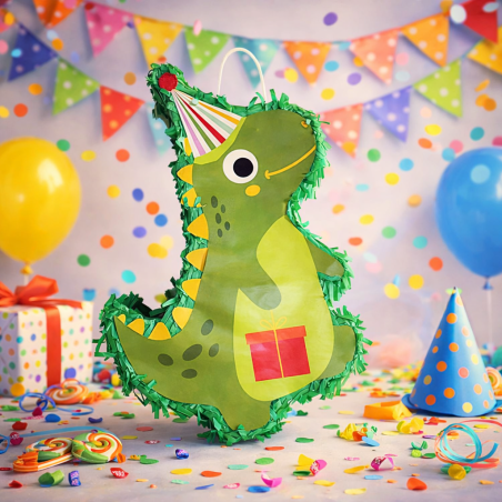 Bolsa de fiesta con forma de dinosaurio verde