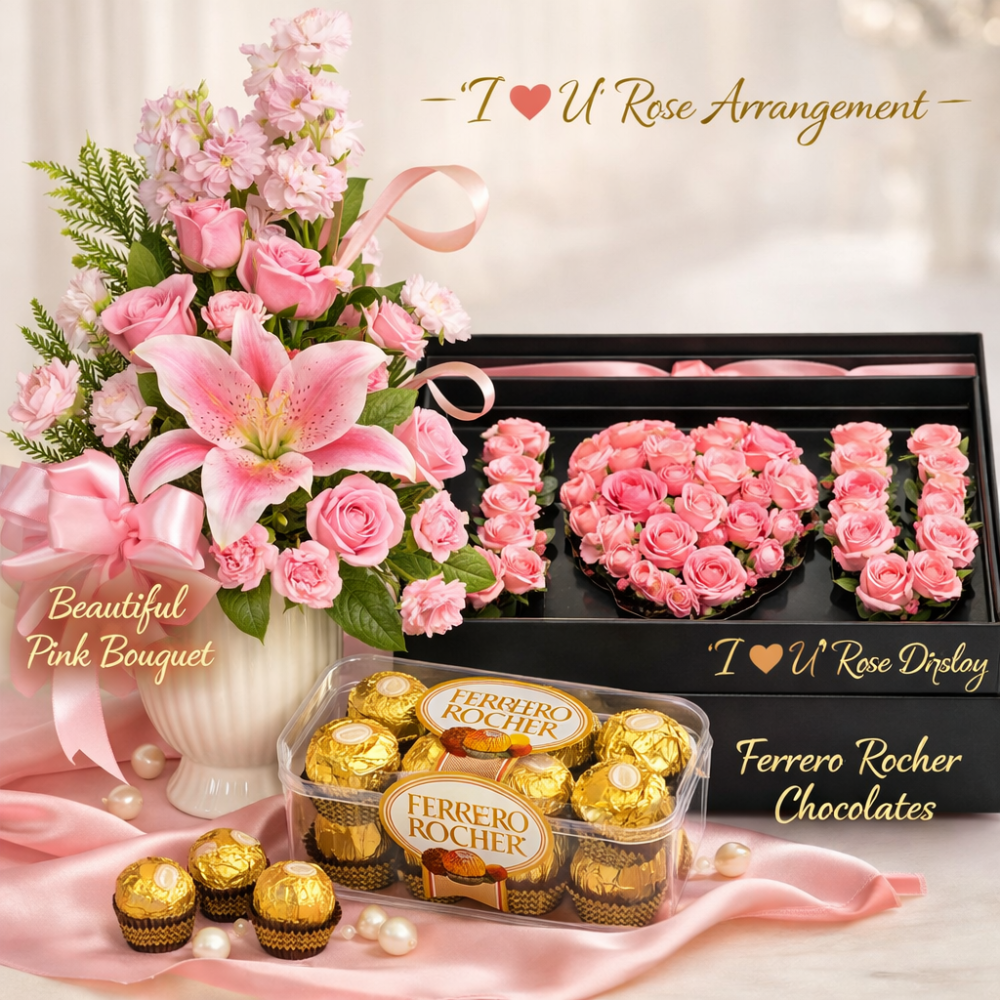 Pink rose bouquet sjokoladegavesett
