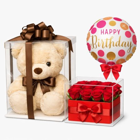 Unique Teddy Bear Gift Box with Ferrero Rocher T16 & Red Roses – One of a Kind - 1 