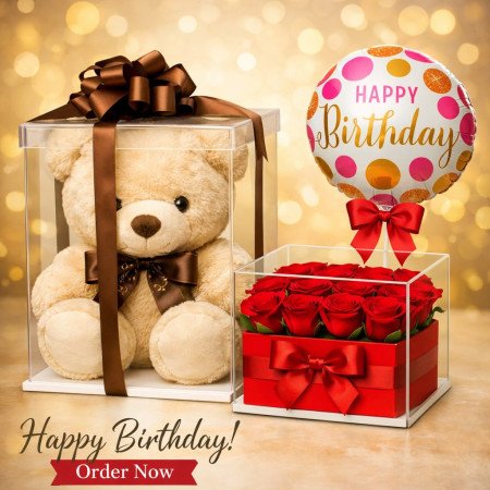 Unique Teddy Bear Gift Box with Ferrero Rocher T16 & Red Roses – One of a Kind