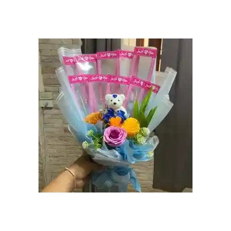  Blue Money Bouquet with Artificial Flowers and Teddy Bear Home - Foto 1
