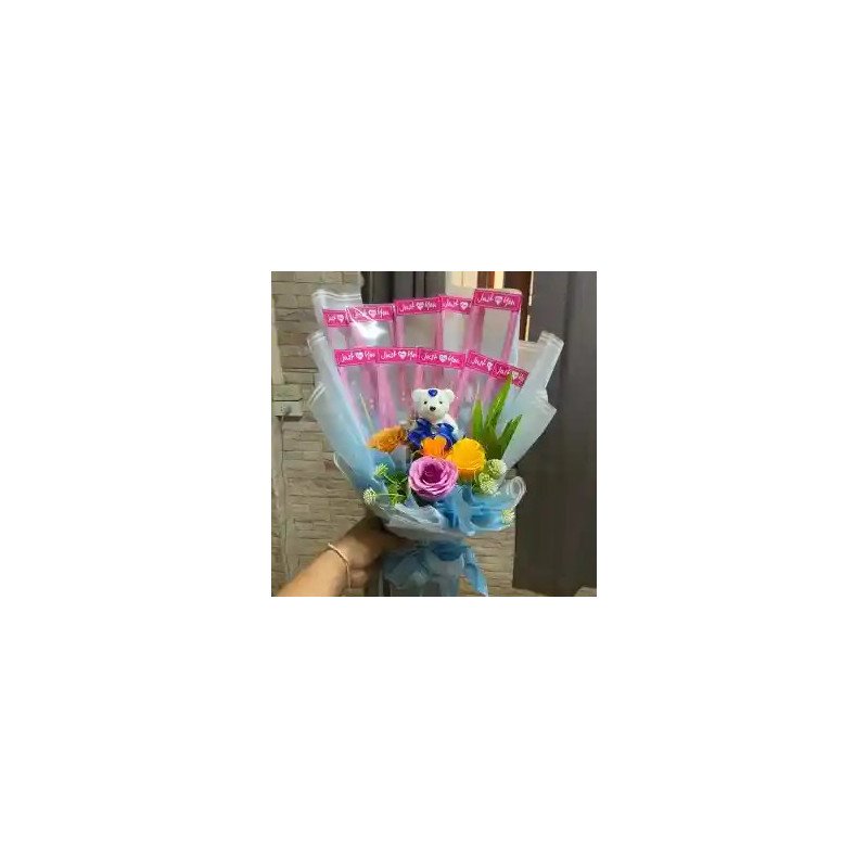  Blue Money Bouquet with Artificial Flowers and Teddy Bear Home - Foto 1
