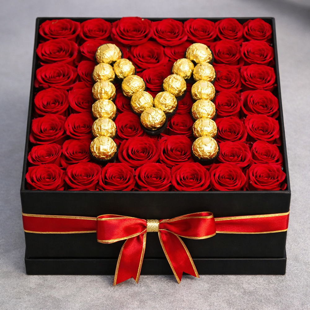Roses rouges chocolat doré lettre M